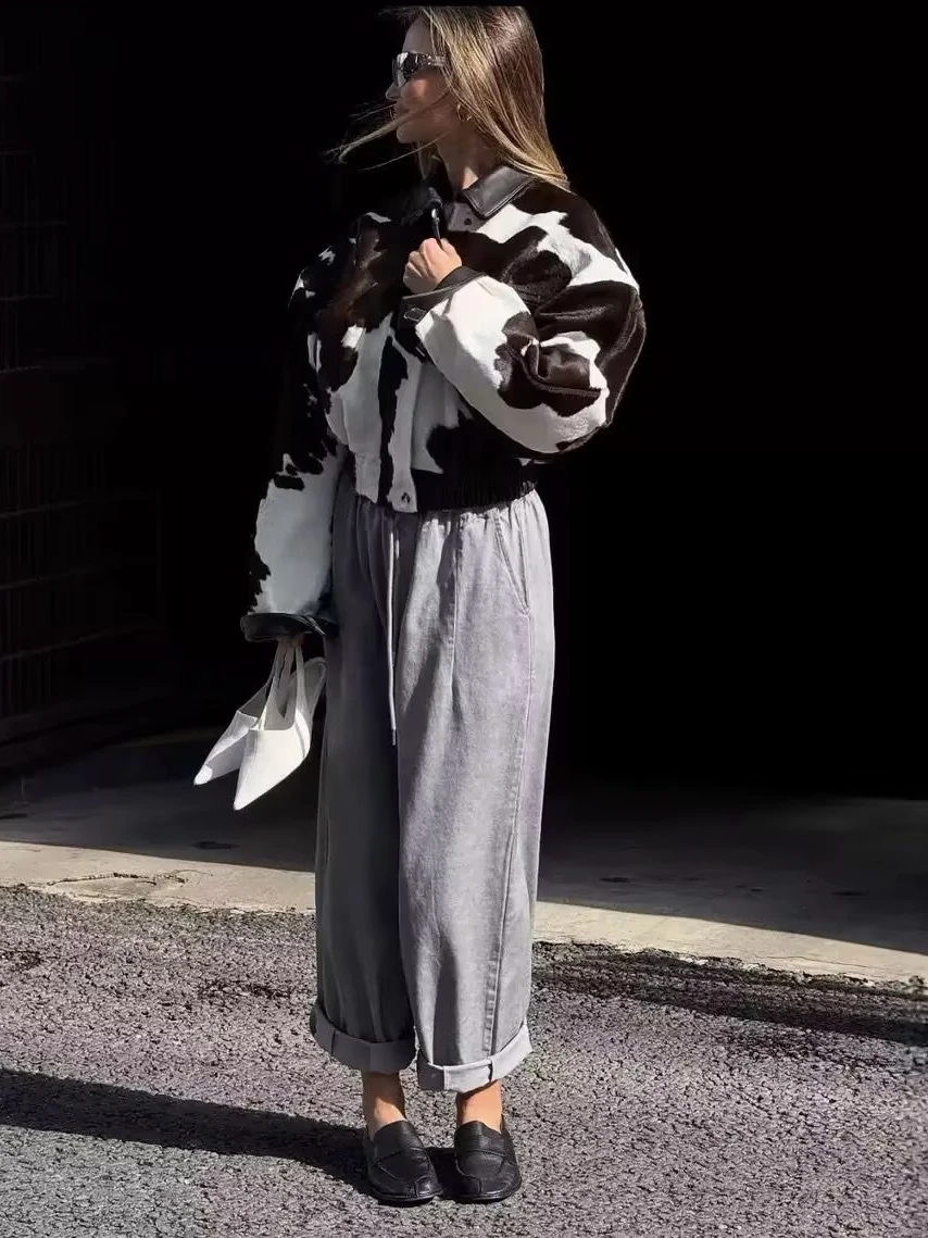 Pu-Leder Vintage Braun Damenjacke Revers Reißverschluss Milchmuster Taschen Volle Hülse Damenmäntel 2025, Winter Damenmantel