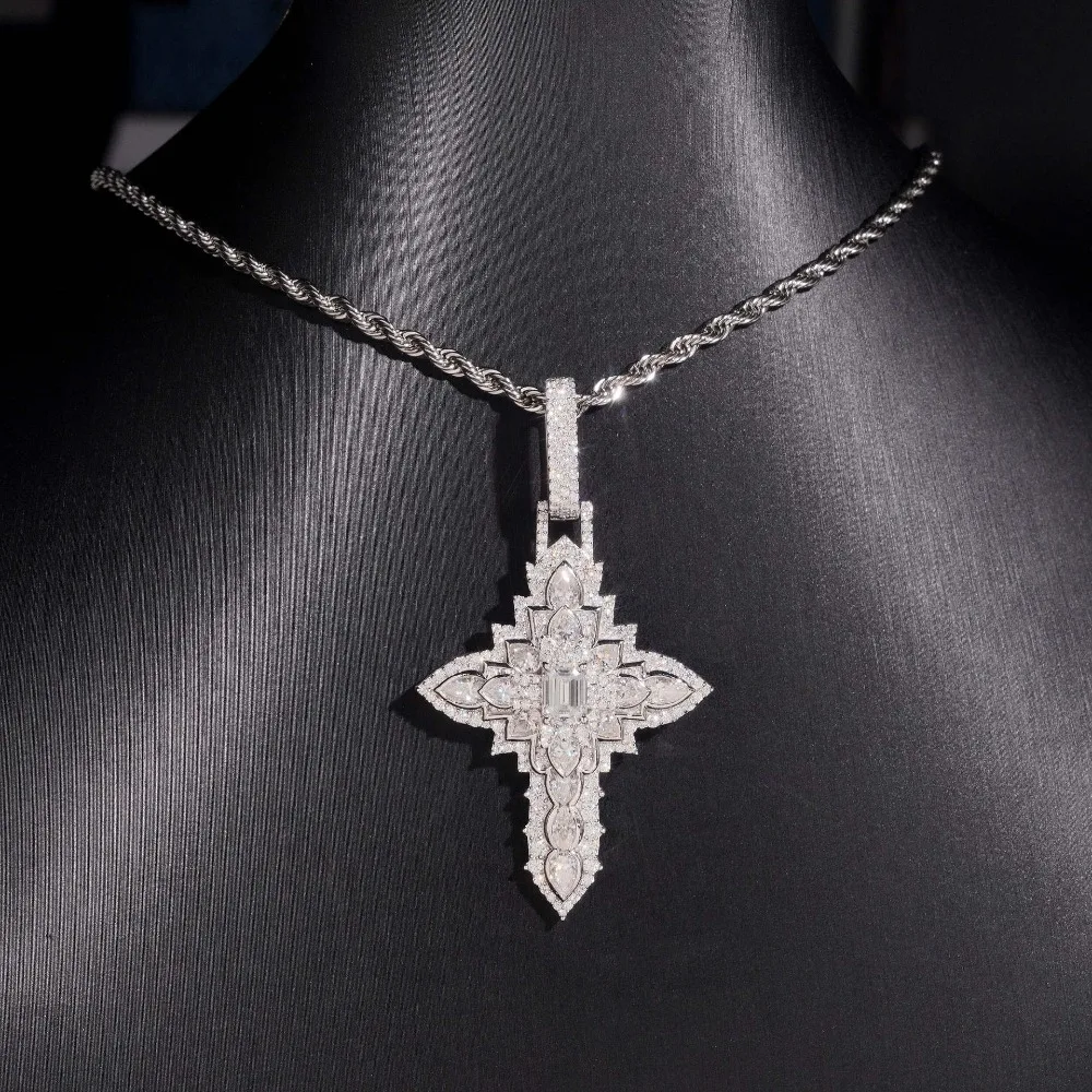 Solid 925 Silver Iced Out Moissanite Cross Pendant Hiphop Rock Men Diamond Cross Charm Penndant Tennis Cuban Chain Pass Tester