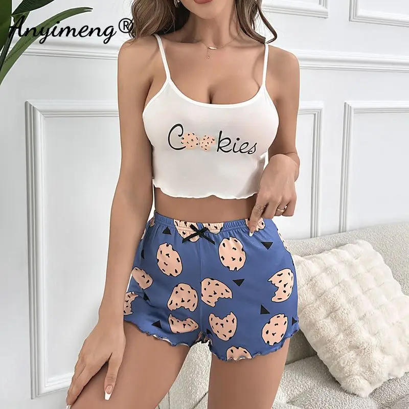 Hot Womens Summer Sexy Sleepwear Leisure Spaghetti Strap Lady Sleeveless Nightwear Casual Pajamas Sets Milk Silk Elastic Pijama