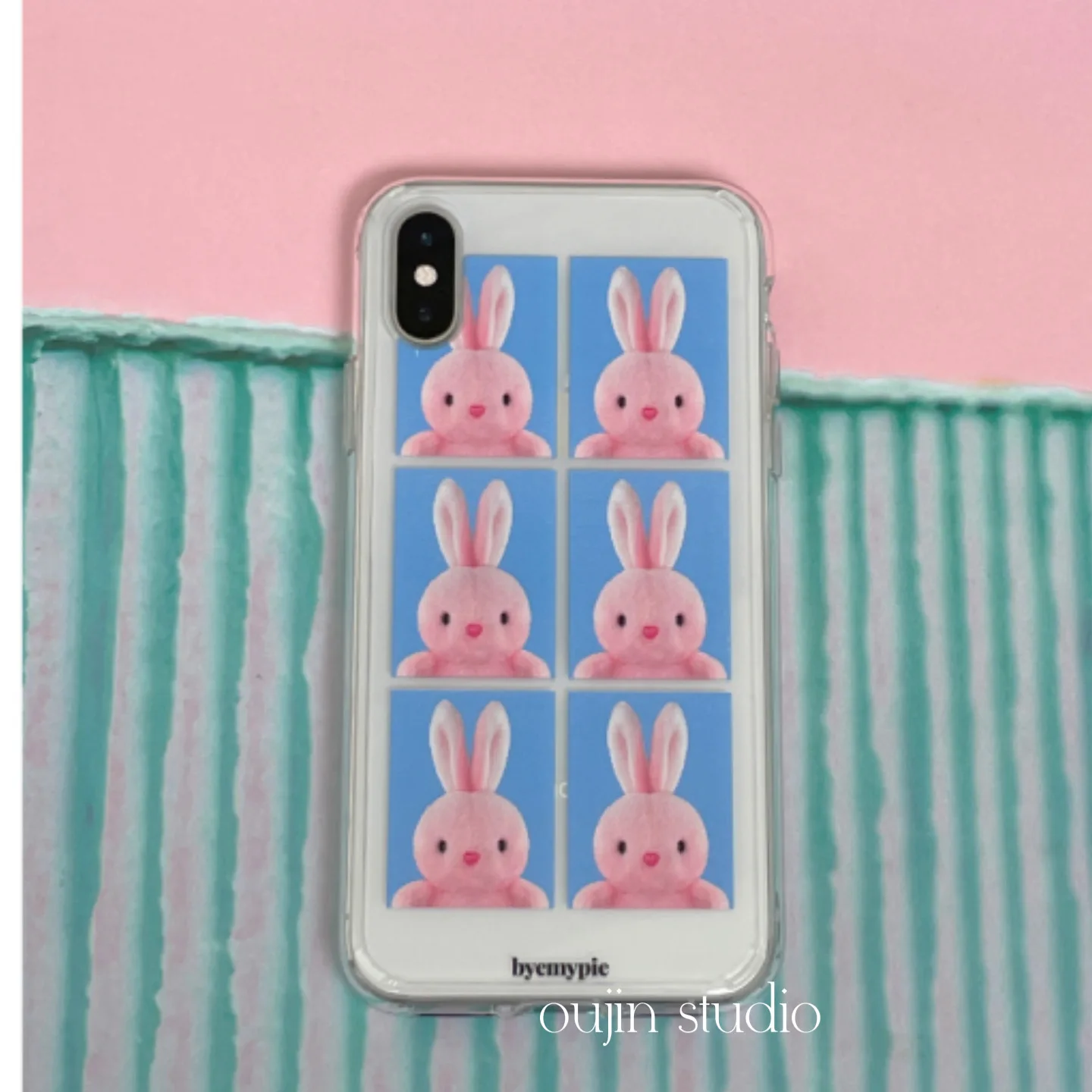 Korean ins blogger\'s same cute cartoon girl pink bunny suitable for 16pro/14promax/13/12/11 mobile phone case transparent so