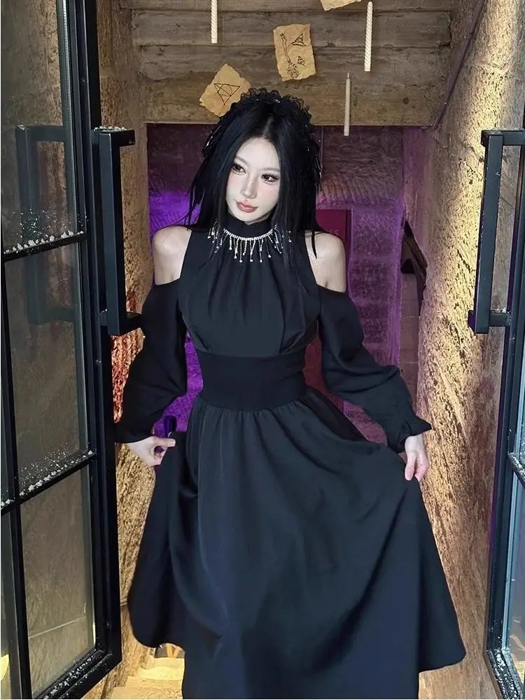 Retro Hepburn Sle Bla Dr Dames Herfst Winter Ele Long Sve High Ne Jurk oulder Bared voor loween