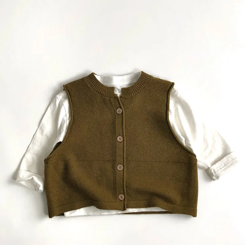 2024 Autumn New Children Vintage Knitted Vest Solid Boys Girls Sleeveless Sweater Coat Kids Windproof Vest Baby Casual Jacket