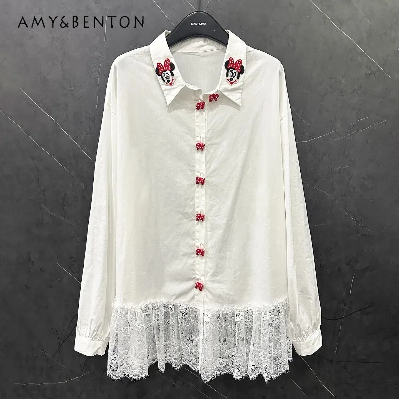

2025 Autumn New Cartoon Mid-Length Lace Patchwork Long Sleeves Shirt Dress For Women's Loose Casual Sweet Cute Style Top Blouse