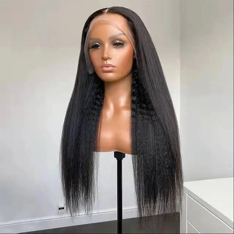 Zachte Lange Glueless Yaki Natuurlijke Zwarte 30Inch Kinky Straight Lace Pruik Voor Vrouwen Met Baby Haar Synthetische Pretokking Dagelijks