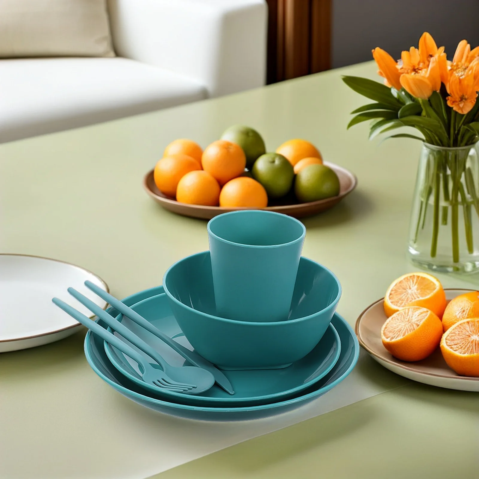 

Elegant Wheat Straw Tableware Set Modern Dinnerware Plates Bowls Cups Portable Outdoor Dining Reusable Utensils Holiday Meals