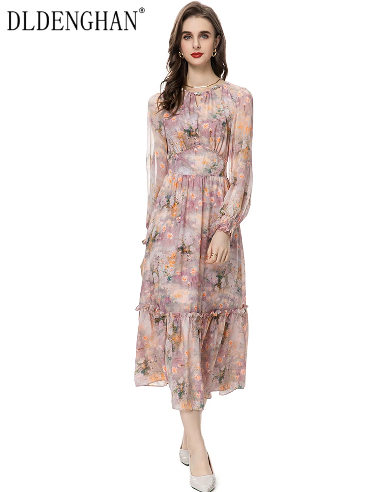 

DLDENGHAN Spring Summer Dress Women Crystal O-Neck Lantern Sleeve Floral Print Vintage Elastic Waist Dress Fashion Designer New