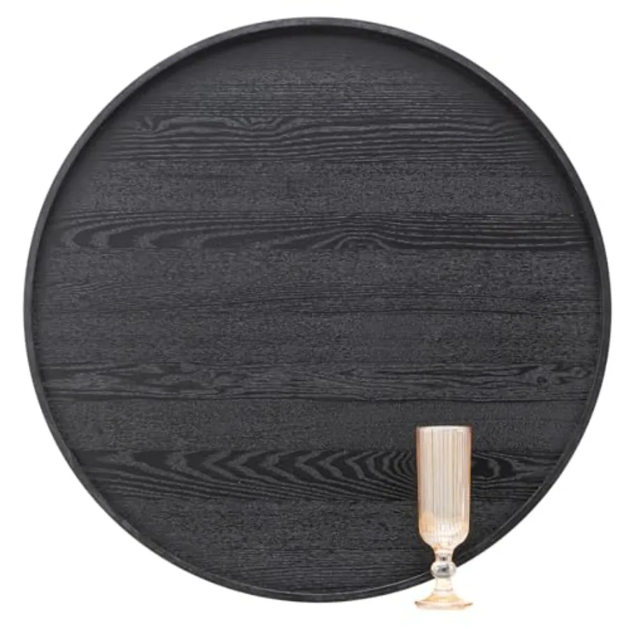

24 inch Round Solid Wood Serving Tray Extra Large Tea Coffee Snack Food Meals Serving Plate Non-Slip Kitchen Party Bar Server O