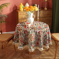 Bohemian Round Tablecloth Geometric European Retro Jacquard Table Cloth Tassel Table Cover For Dining Banquet Party Decoration