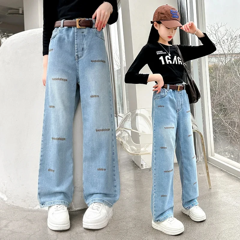 Girls' Jeans Embroidery Slim Casual Pants Teenage Child Arrow Version Denim Wide-Leg Trousers with Belt 2024 Spring New Fashion