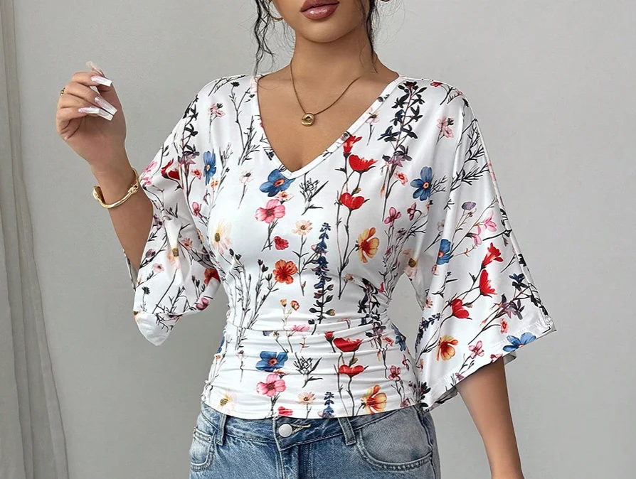 Women's Top 2026 Spring Summer New Fashion Floral Print V-Neck Half Sleeved Casual Slim Fit Daily T-Shirt Top