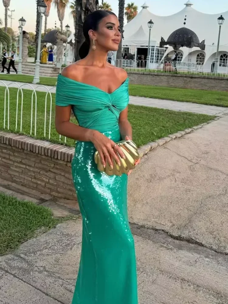 ชุดเดรสผู้หญิงแขนกุดประดับเลื่อมจีบระบาย สีเขียวหรูหรา เปิดไหล่ สายเดี่ยว สำหรับงานกลางคืนหรืองานปาร์ตี้