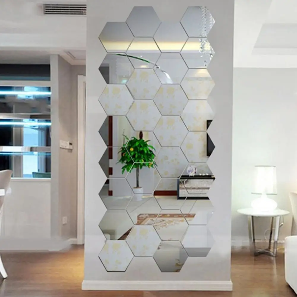 12Pcs Hexagonal Self Adhesive Mirror 3D Mirror Wall Sticker Home Decor Decorations DIY Removable Living Room Decal Art Ornaments