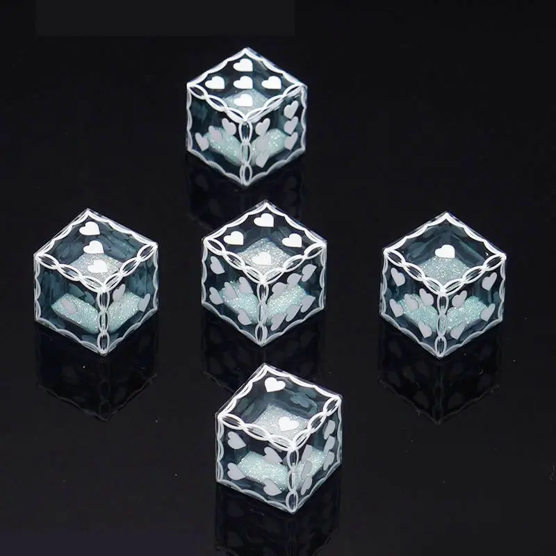 5Pcs Transparent Resin Dice Set Heart Pattern White Edge Glitter Light Blue Inlay Polyhedral Dice For Table Board Game Party