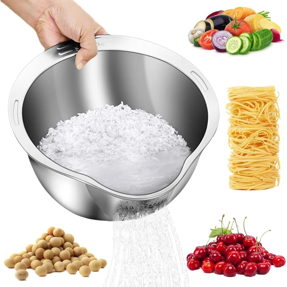 StainlessSteel Rice Washer Drain Basket EasyTo Clean Rice Filte Bowl Sieve Colander Fruit and Vegetable Strainer Kitchen Gadgets