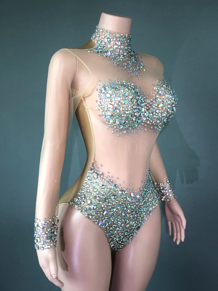 Sparkly AB Rhinestones Bodysuit Sexy Mesh See Through Dance Costume Performance Leotard Women Nightclub Outfit Dancer Stage Wear