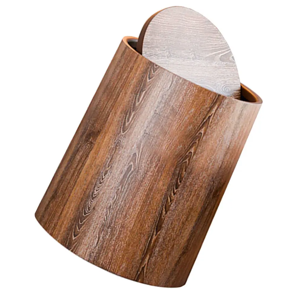 

Imitation Wood Grain Trash Can Swing Lid Large Capacity Household Waste Bin Kitchen Bathroom Office Round Plastic Storage Bucket