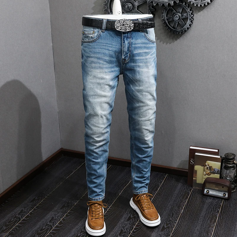 Newly Vintage Fashion Men Jeans Retro Blue Stretch Slim Ripped Jeans Men Classical Trousers Designer Casual Denim Pants Hombre