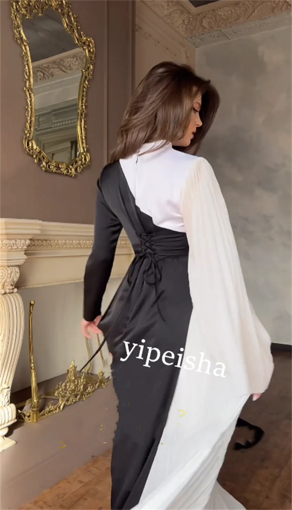 Jiayigong-Robe longue en satin avec ruban plissé, tenue de soirée de mariage, ligne A, col haut, sur mesure, Arabie Saoudite