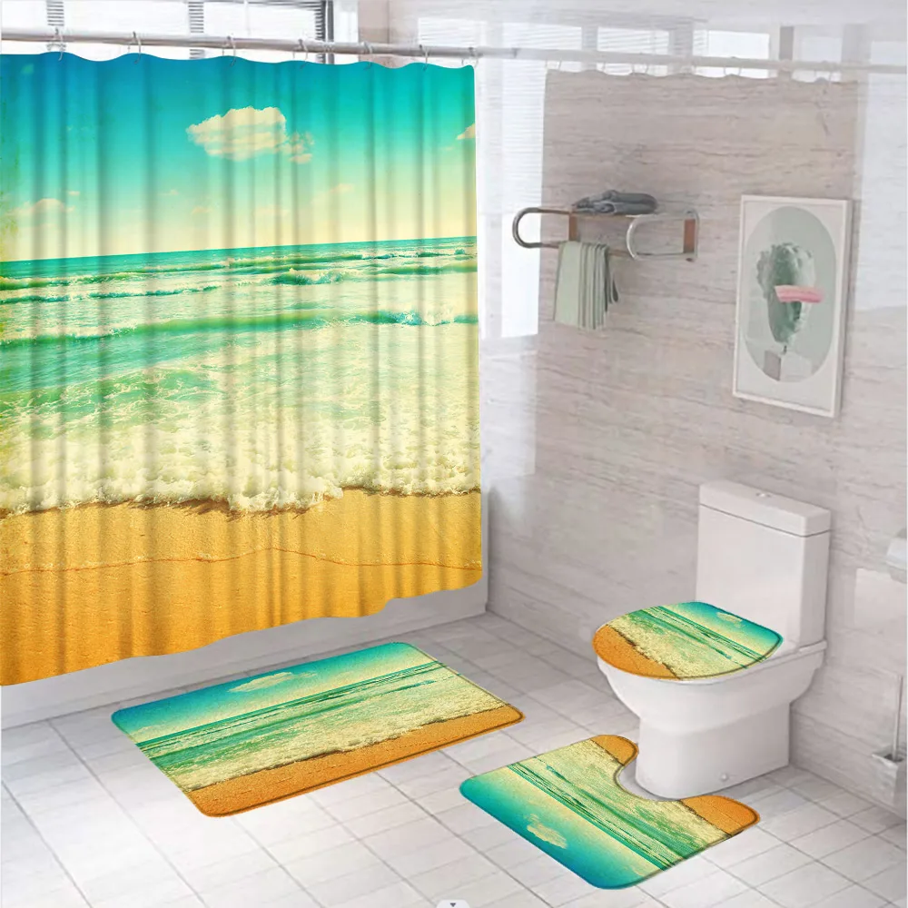 Ocean Beach Shower Curtain Set Sea Wave Summer Scenery Blue Sky Landscapes Bathroom Curtain Bath Mat Carpet Rug Lid Toilet Cover