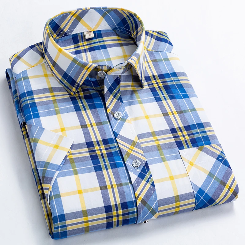 Camisas de manga corta a cuadros para hombre, camisa informal de negocios con cuello vuelto a rayas, alta calidad, Verano