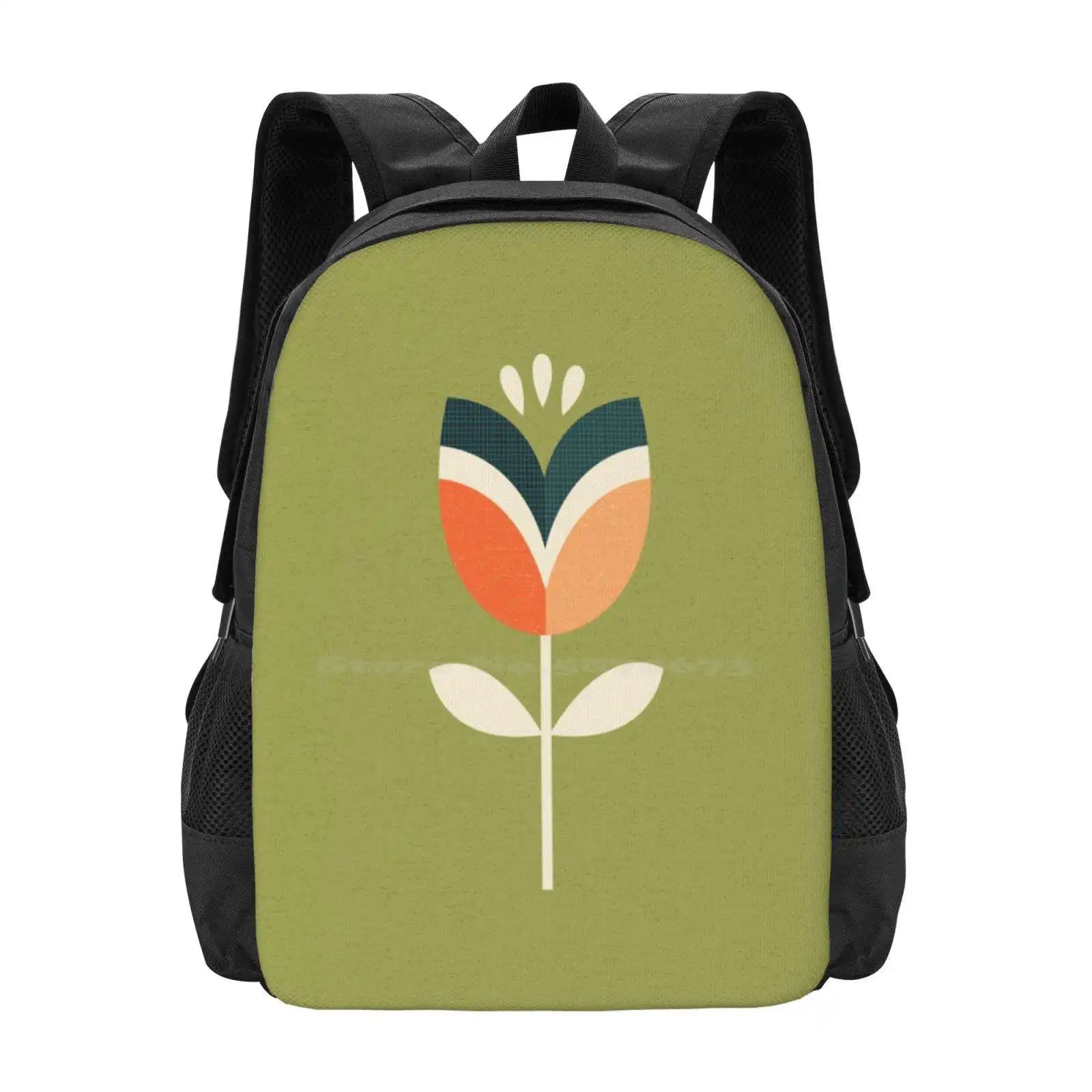 Retro Tulip - Orange And Olive Green School Bags Travel Laptop Backpack Tulips Flowers Floral Spring Summer Surface Pattern Retr