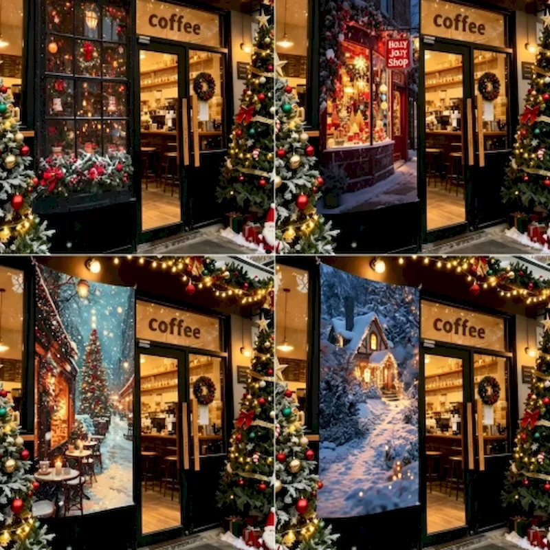 VIKAMA Winter Snow Town Christmas Tapestry Coffee Shop Street View Wall Hanging Photo Pavilion Home Wall Decoration Cloth