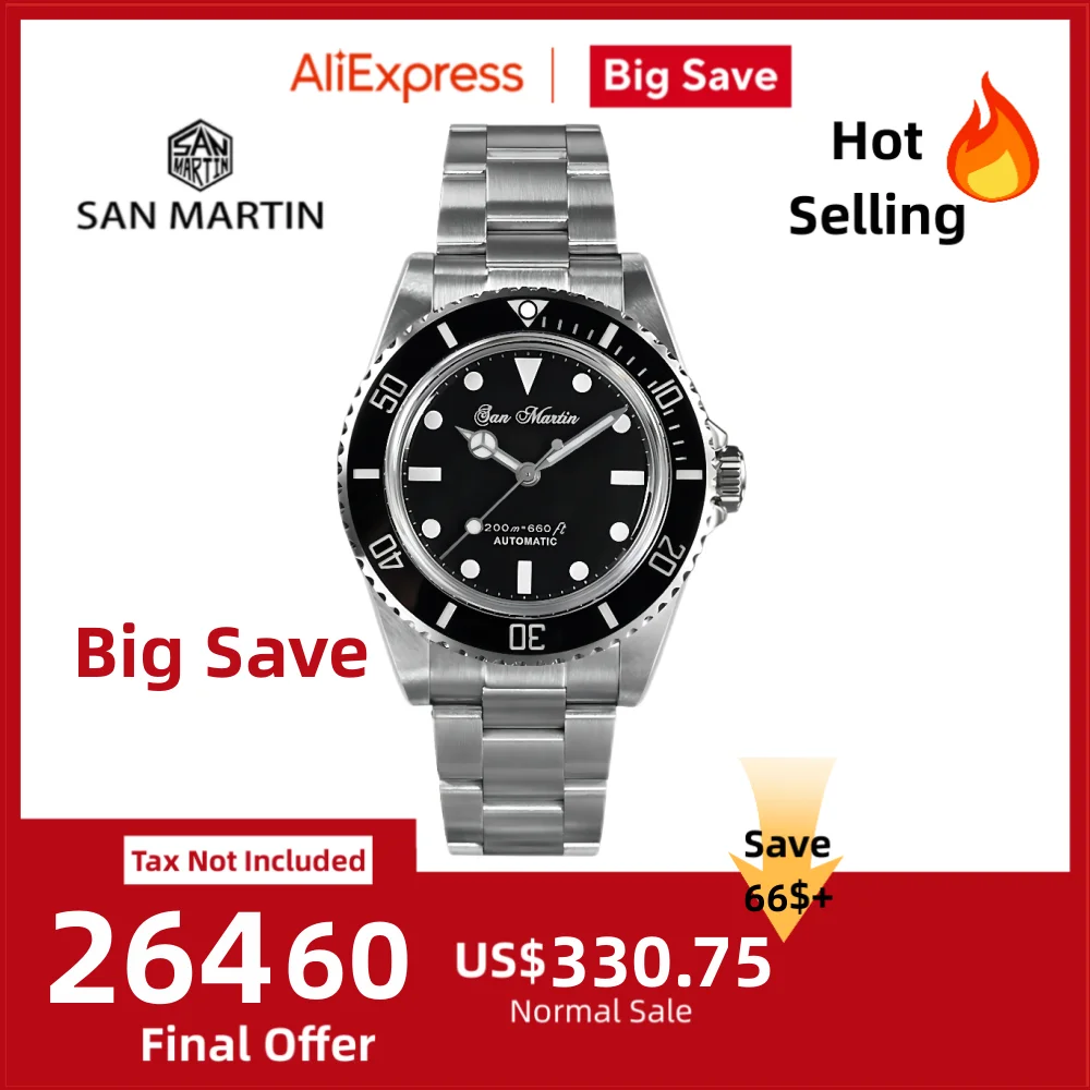 

San Martin 39 мм Sub Мужские часы Винтаж Классические дайверские сапфировые автоматические механические наручные часы 20 бар Lume BGW-9 SN0006