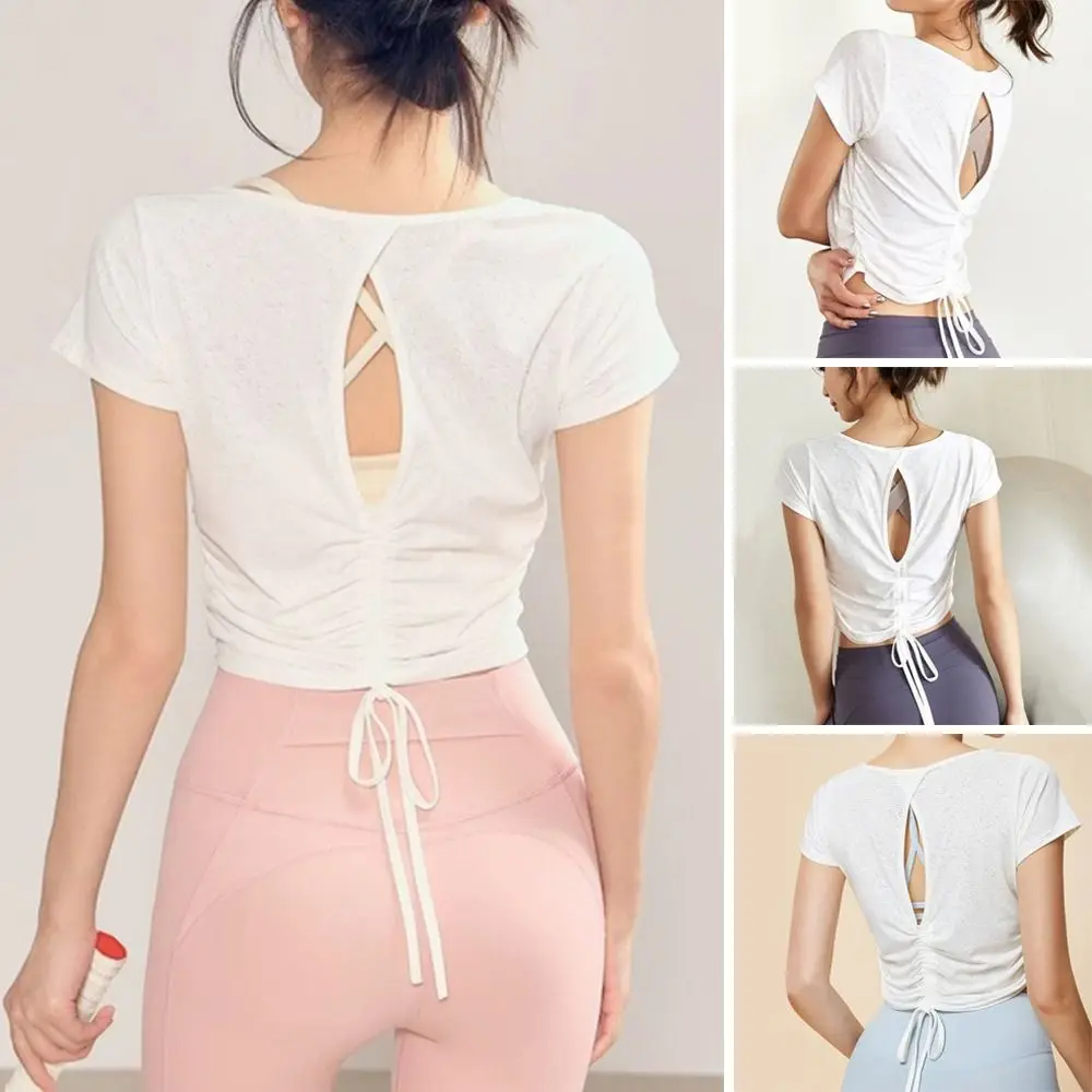 أزياء الظهر جوفاء اليوغا قميص تنفس فضفاضة تناسب ممارسة أعلى الرباط بيلاتيس أعلى المرأة