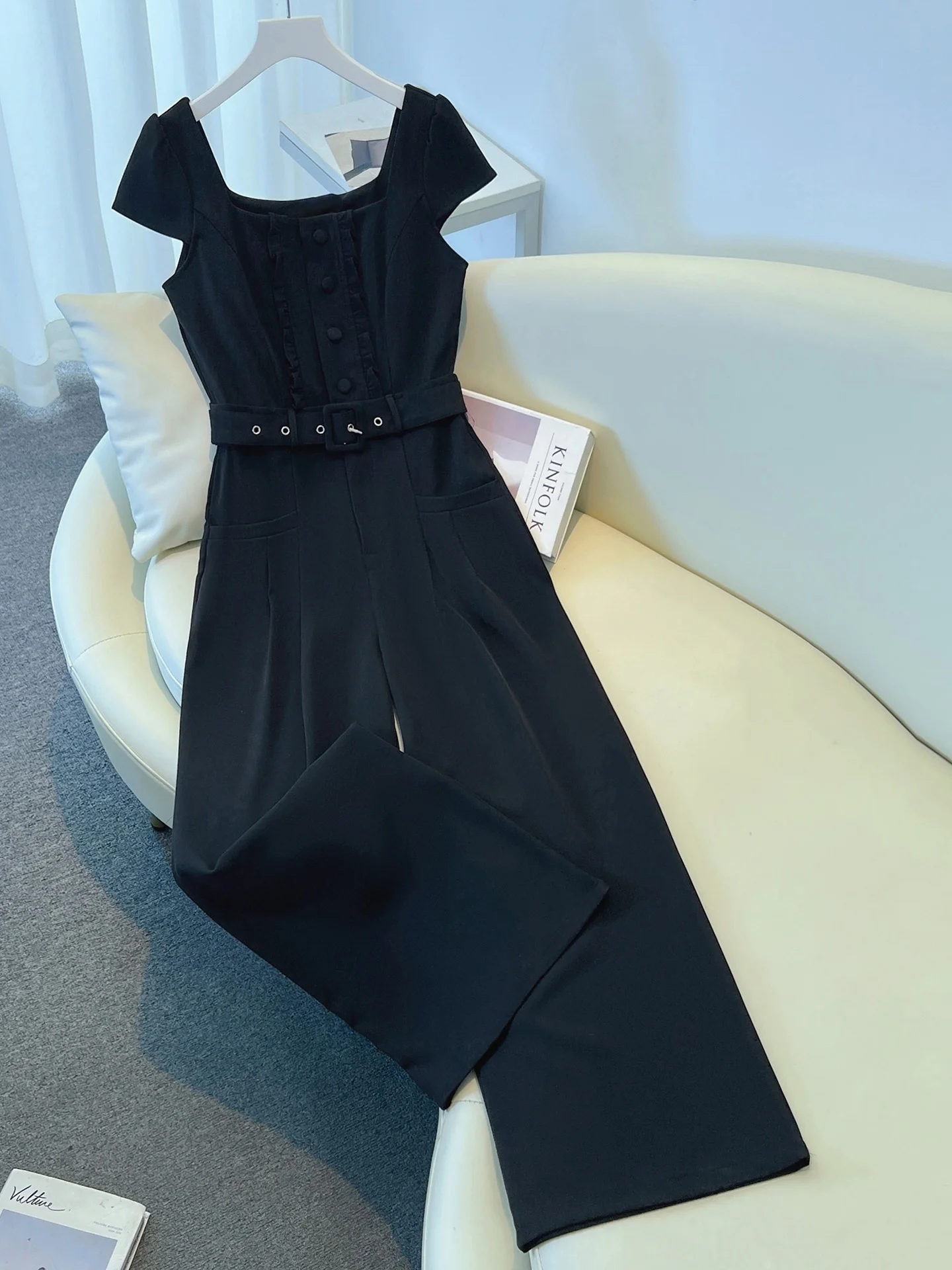 

Ele Bla Wide Leg Jumpsuit Women's Summer New Sle High Waist Belted ket Detail Busin Casual One-Piece Suit