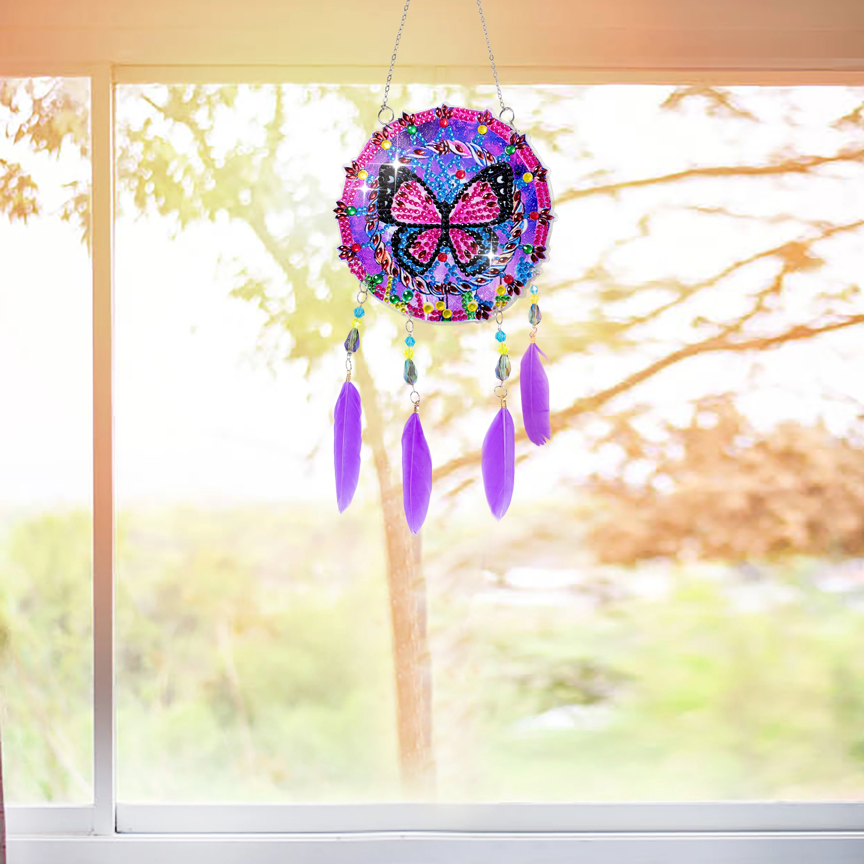 1pc/Set DIY Butterfly Diamond Painting Dream Catcher Wind Chimes Double Sided Dreamcatcher with Feathers Diamond Art Wind Chimes