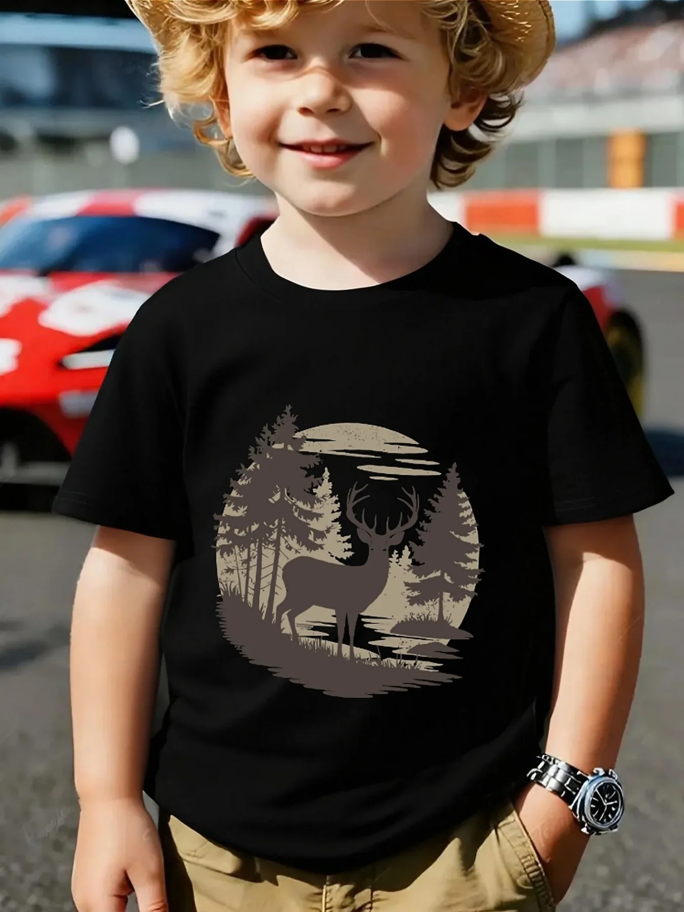 Cute Vintage Forest Deer Sunset Print Family Matching T Shirt Boys Girls Tee Parent Child Casual Mom Dad Kids Summer Daily Wear