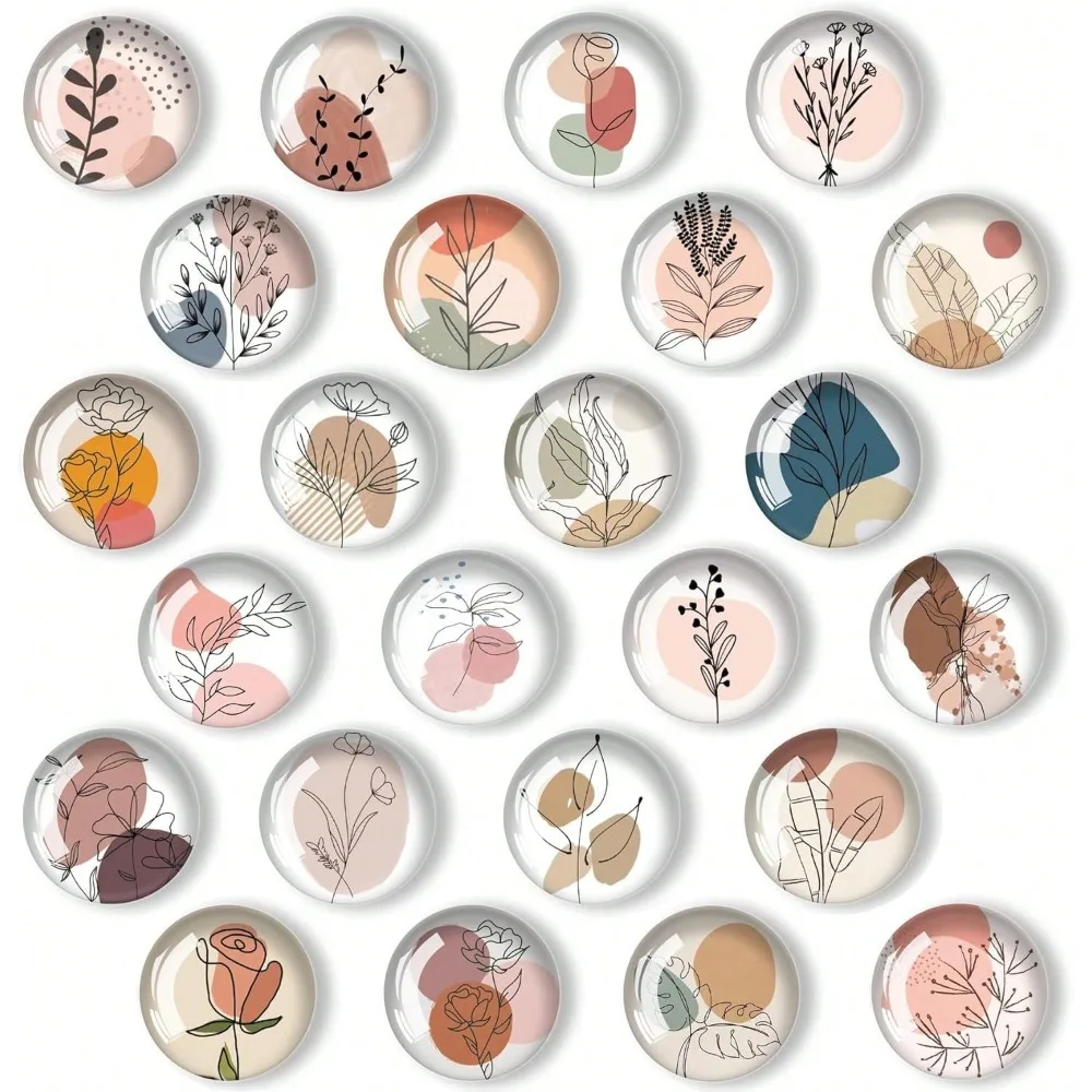 

24 Pcs 1.2 In Round Glass Boho Refrigerator Magnets - Strong & Non Scratch For Fridge,Locker,Office & Kitchen Decor.Aesthetic Flower Plant Line Drawing Design,Irresistibly Cute