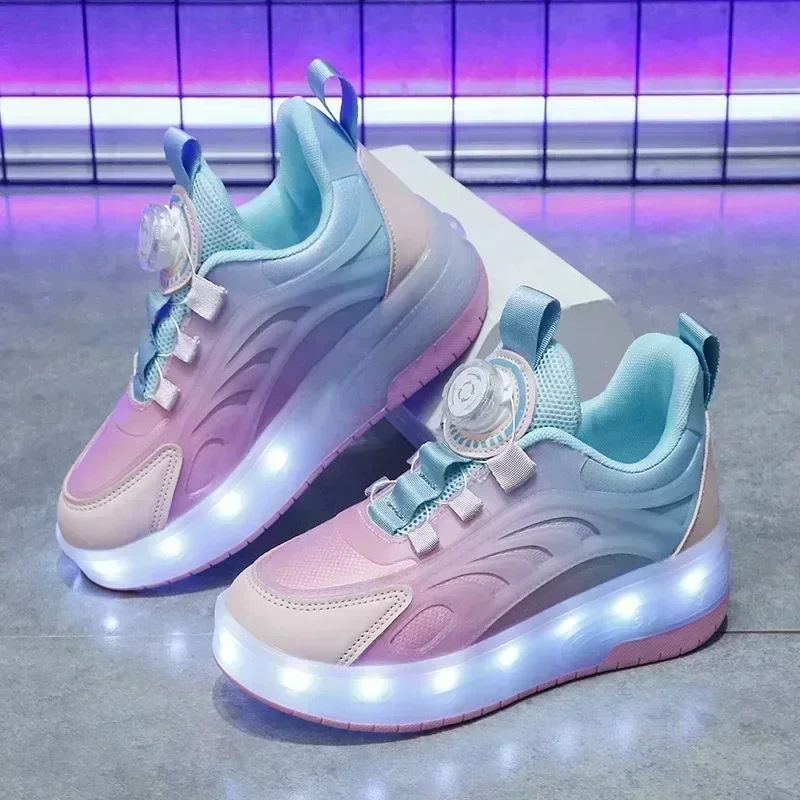 Children's Kids Boys Girls USB Charging Glowing Casual Sneakers Led Light Wheels Outdoor Parkour Roller Skate Shoes Sports For