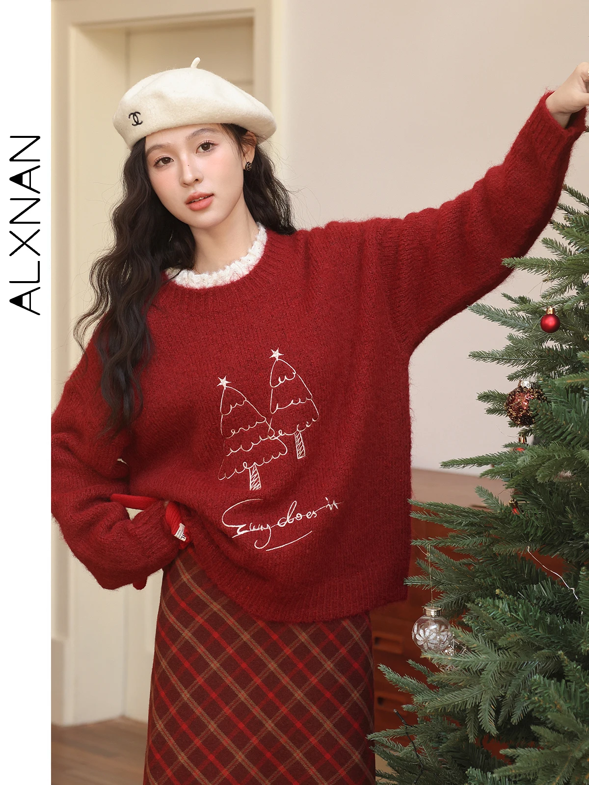 ALXNAN Women Red Warm Sweaters Gentle O-neck Christmas Tree Letter Embroidery Long Sleeve Jumper Winter Holiday Knit Tops L52583