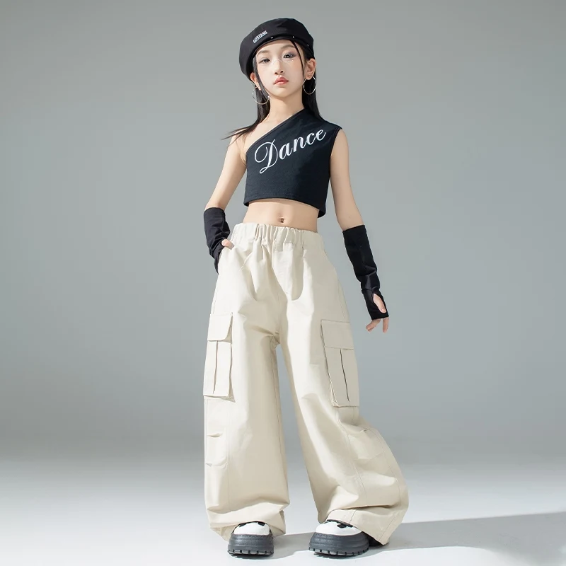 Hip hop jazz dança terno para menina cáqui shuffle calças kpop colheita topos modelo mostrar palco wear criança moda dança de rua outfit 3381