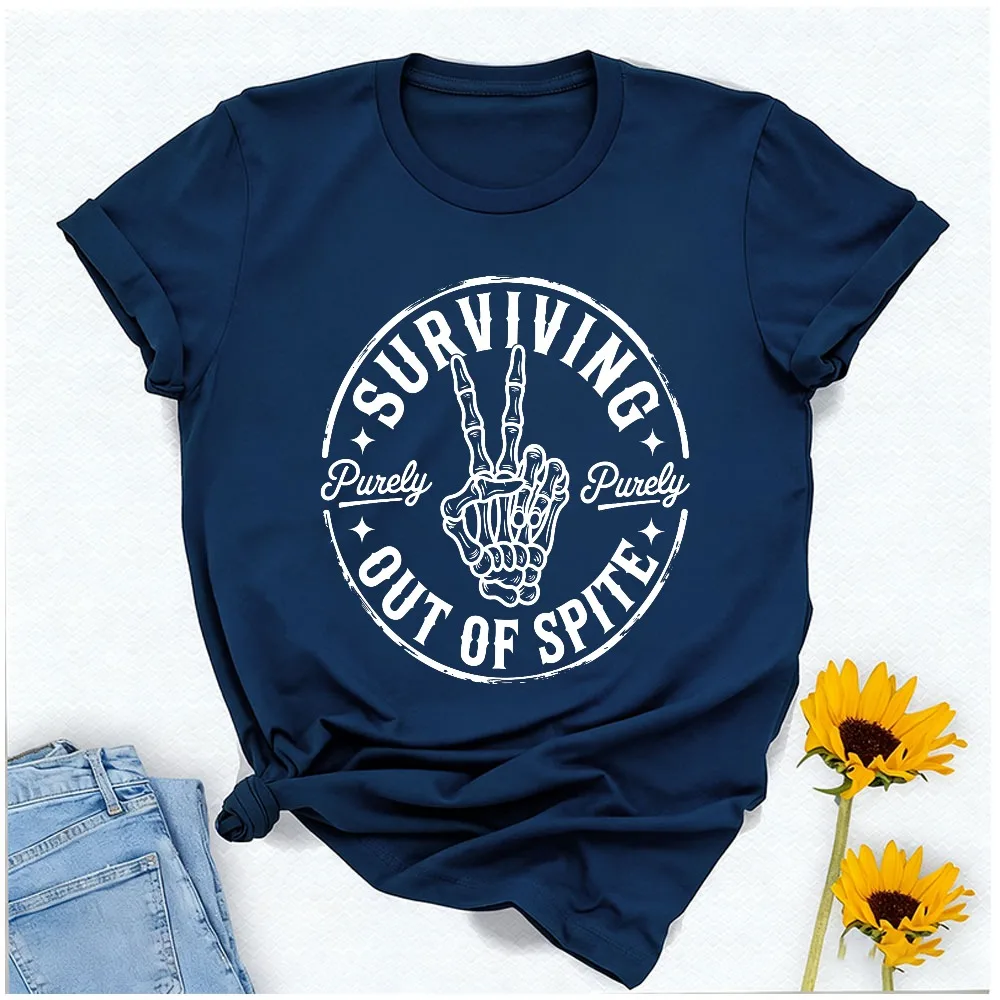 Surviving Purely Out of Spite Graphic T Shirt Skeleton Hand Peace Sign Vintage Stamp Print Funny Sarcastic Quote Gothic Tees Top