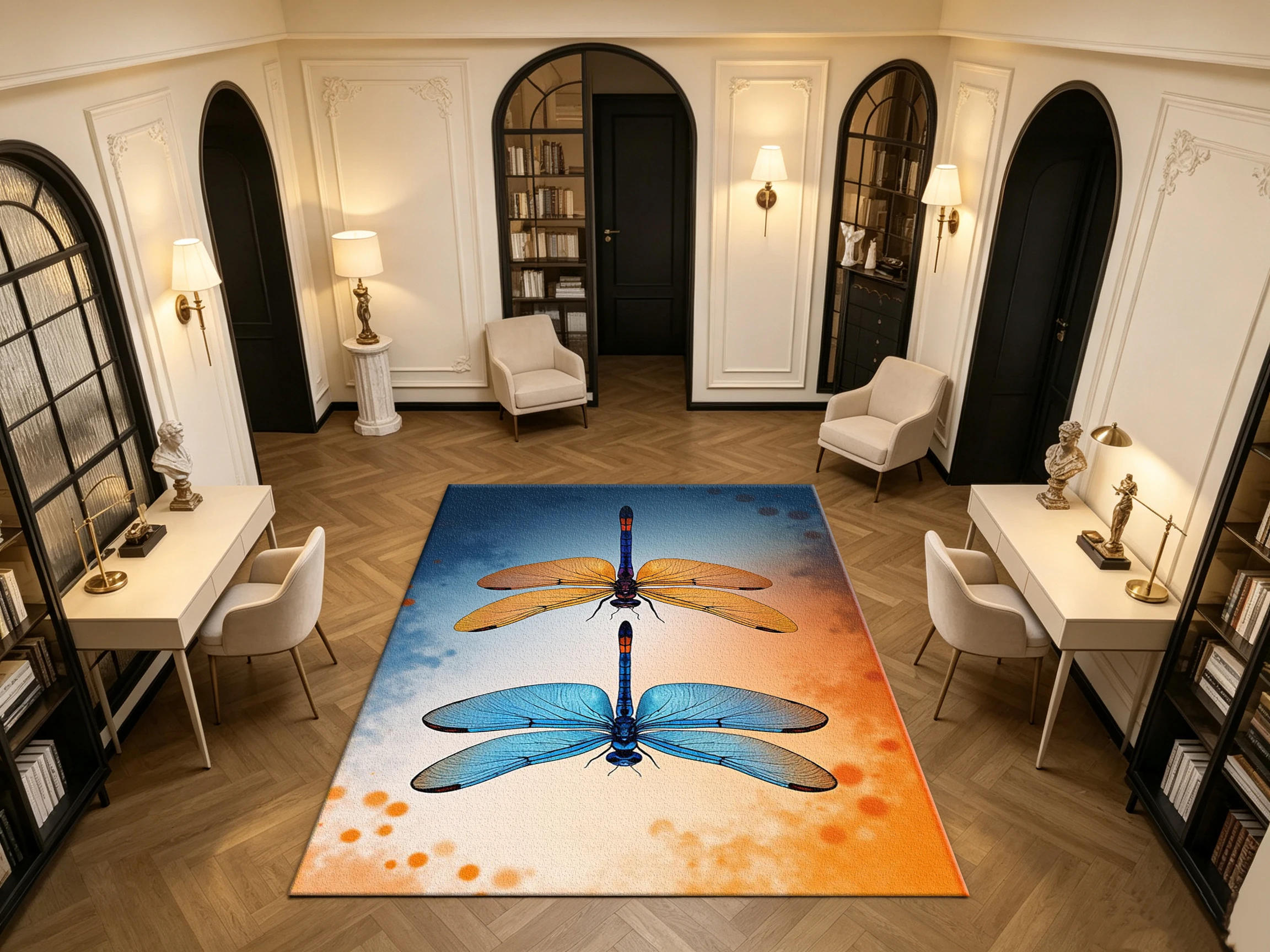 Vintage Dual Dragonfly Art Carpet Flooring Gradient Background Household Indoor Decor Floor Rug