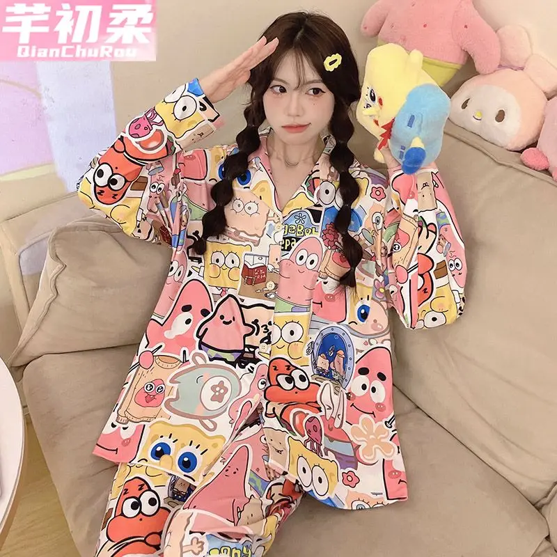 SpongeBob SquarePants Patrick Star Spring and Autumn Pajamas Women's Long Sleeve Thickened Brushed Warm Can Be Weared Outer Suit