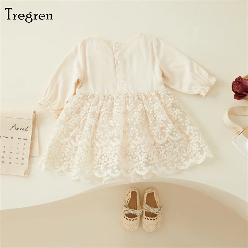 Tregren Cute Infant Baby Girl Romper Dress Spring Fall Long Sleeve Round Neck Patchwork Lace Party Princess Dress For 0-18M