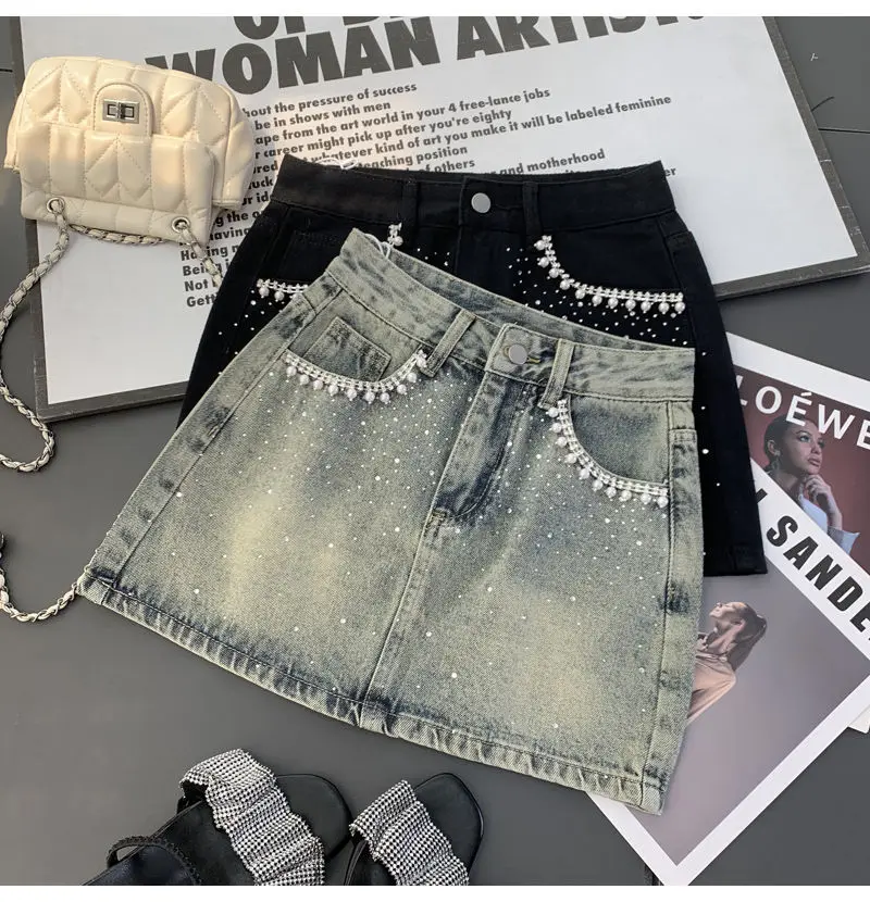 Denim Skirt Pearl Personality Hot Diamond Splice Women'S High Waist Solid Color Slim Wrap Hip Skirts Female 2024 Summer