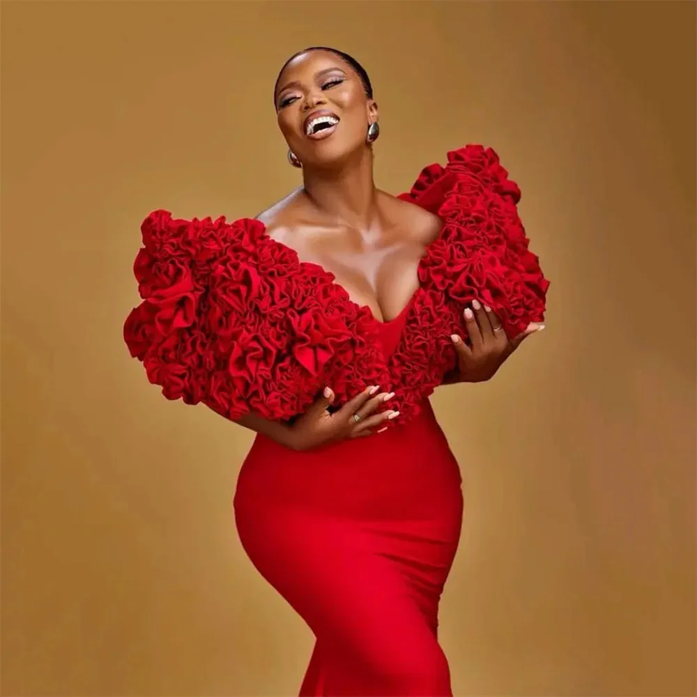 Encantador vestido rojo de baile con flores dobladas en 3D, vestido de fiesta de sirena con cuello en V para mujer africana, vestido de noche para ocasión Formal, personalización