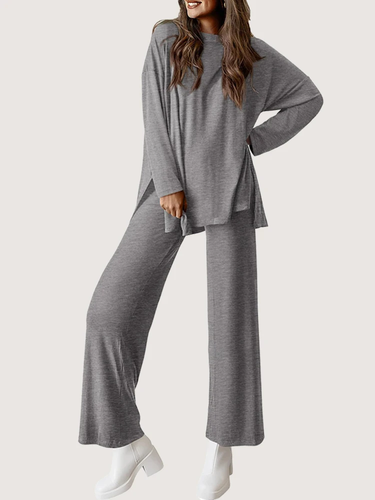 2025, herbst/Winter Casual Set frauen Einfarbig Rundhals Langarm Breite Bein Hosen Sport Hause Kleidung heißer Verkauf