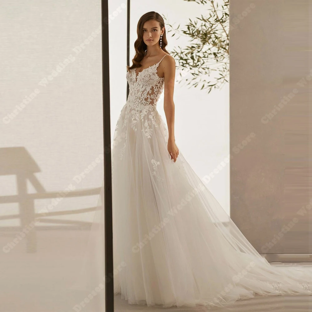 Glitte Lace Decal Wedding Dresses For Women Spaghetti Straps A-Line Bridal Gowns Engagement Banquet Vestidos De Novia Customized