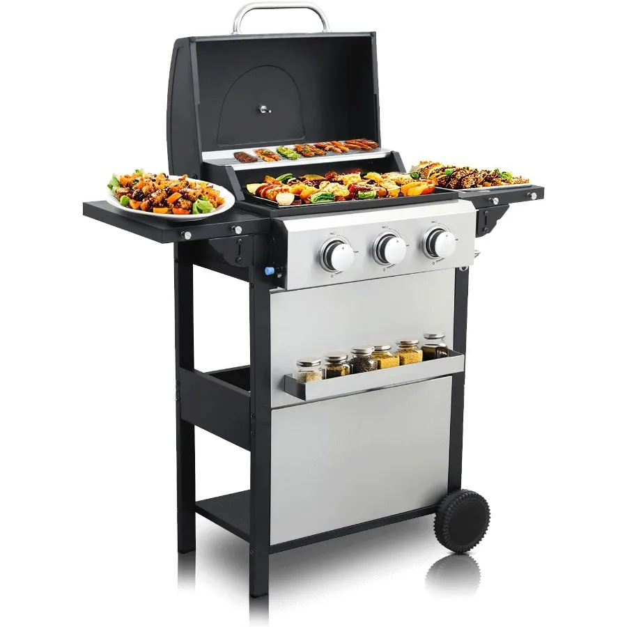 

3 Burner Propane Gas Grill with 2 Foldable Side Tables 25650BTU BBQ Grill with Wire Enamel Cooking Grids Patio Garden Barbecue
