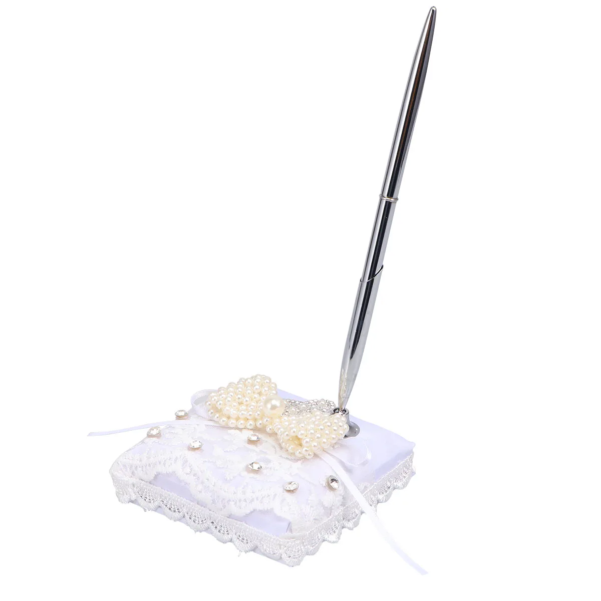 

1PC Signature Guest Book Pen Holder Ribbon Pearl Bowknowt Guestbook Pen Stand with Pen for Wedding Party
