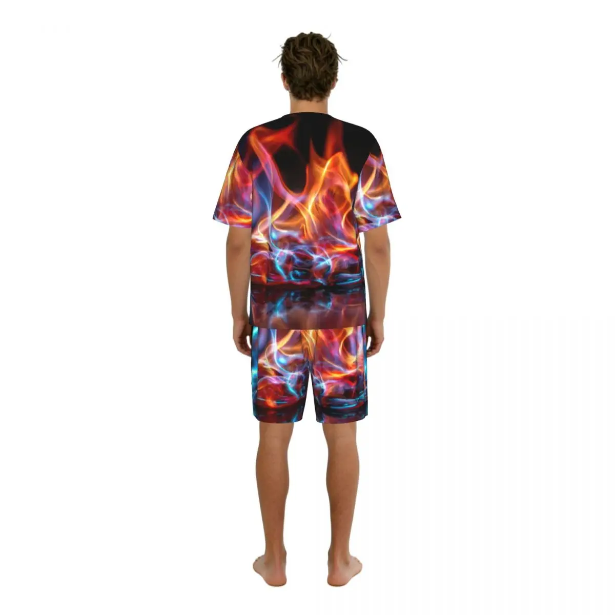 Men's Short Sleeve Shorts Pajama Set Colorful Fire Flames Sleepwear Casual Nightwear Home Wear Suit