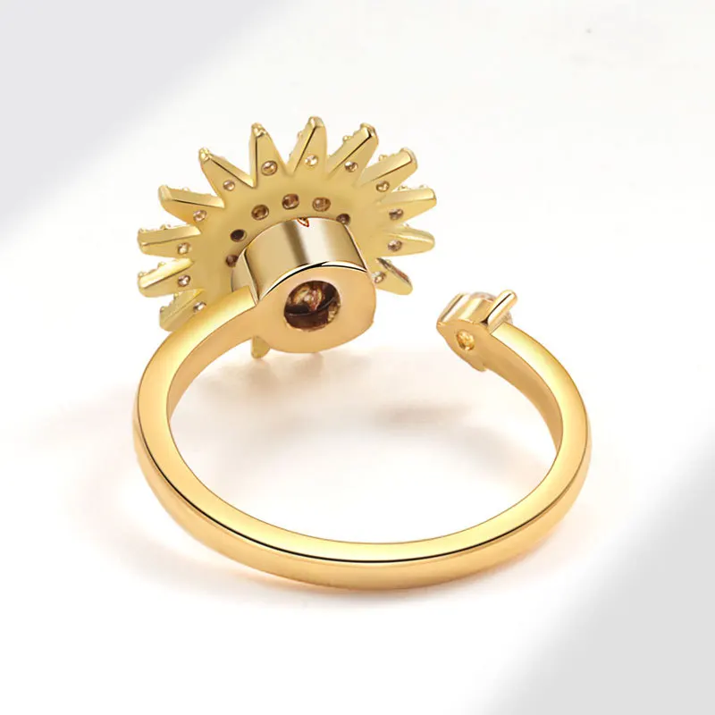 Jisensp Crystal Fashion Gold Plated Sunflower Rotating Open Rings For Women Anxiety Fidget Finger Ring Jewelry Party Gift