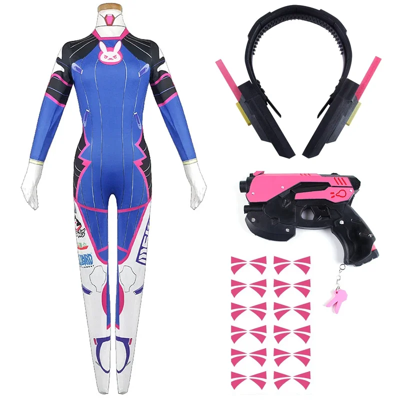 Game Overwatch Dva Cosplay Kostuums Panty Jumpsuit Pruik Hoofdtelefoon Pistool Cosplay Props Tattoo Stickers Pak Vrouw Party Zentai Cos