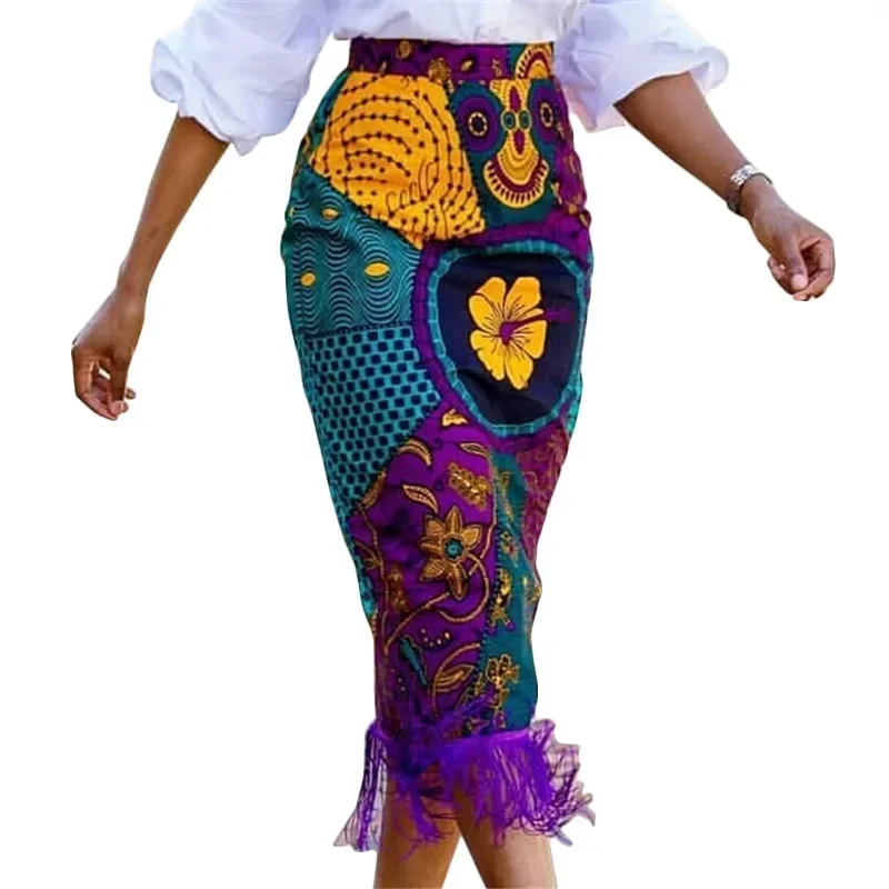 Damska letnia spódnica z nadrukiem Vintage Floral African Fashion High Waist Tassel Classy Modest Elegant Retro Jupes Falads Drop Shipping