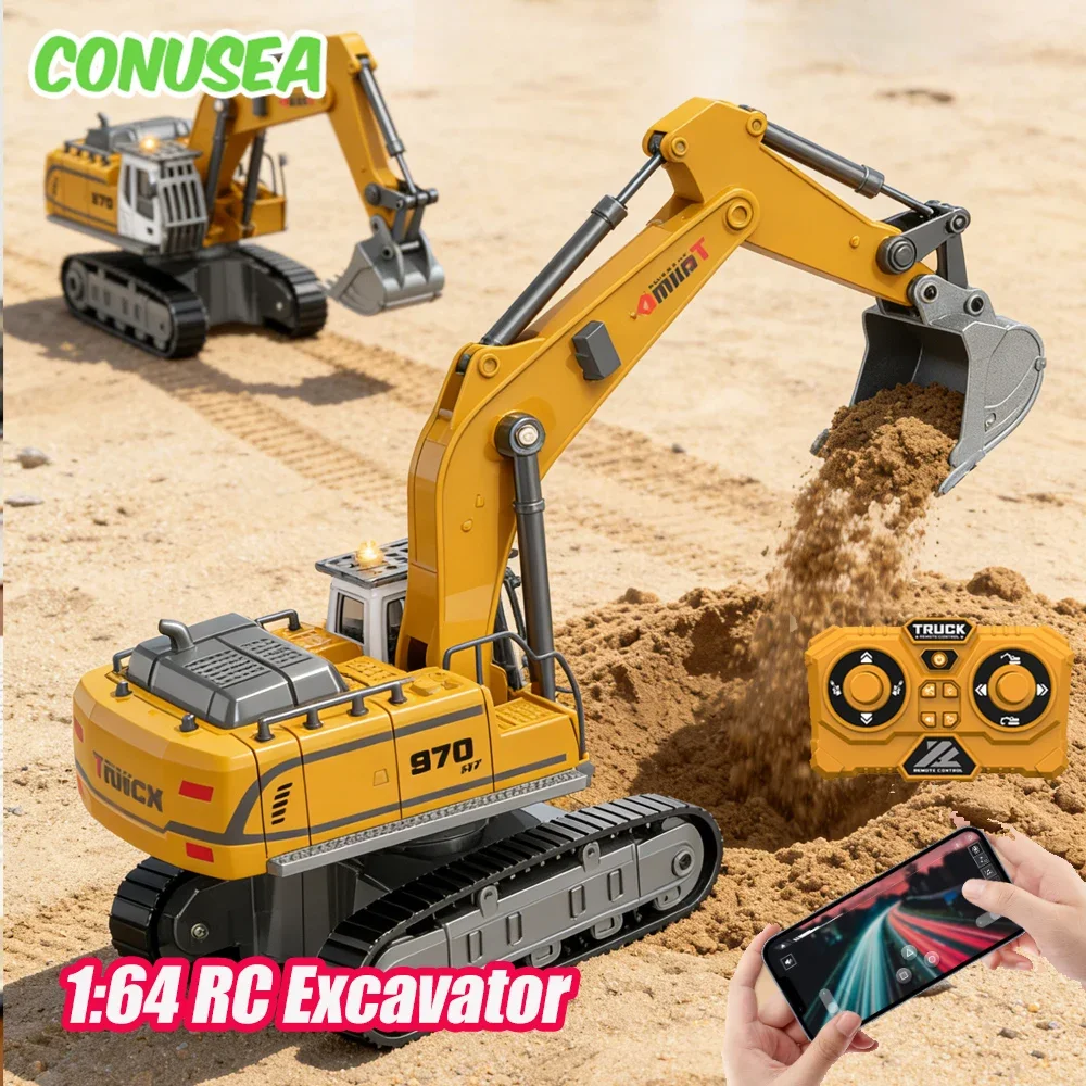 Rc Excavator 1/64 Mini Alloy Remote Controlled Engineering Vehicle Construction Crawler Trucks with Light Sound Toys Kids Adult